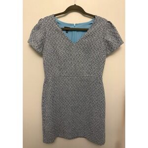 Talbots Tweed Sheath Dress Blue Black V-Neck Workwear Size 12 Lined Short Sleeve